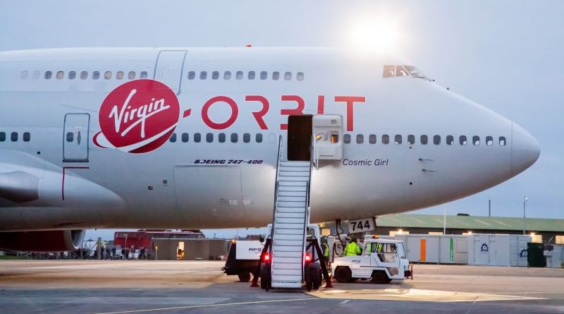 Boeing 747 with a rocket launch setup in Cornwall, England.
